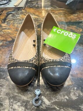 CROCS Leopard Print Ballet Flats with Black Toe Cap